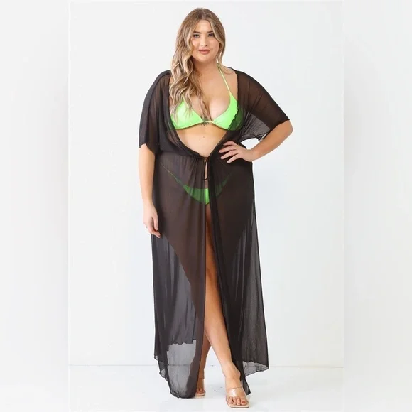 PLUS SIZE Black Sheer Mesh Midi Sleeve Drawstring Waist Maxi Kimono Cover Up - Picture 7 of 9